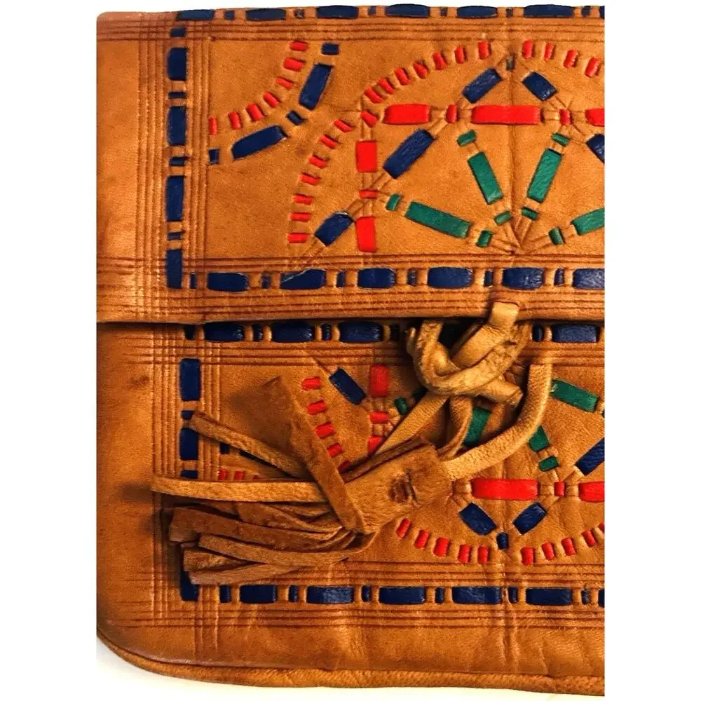 Handmade Morrocan Leather Mini Clutch Coin Purse Fold Over Tassel Toggle Closing